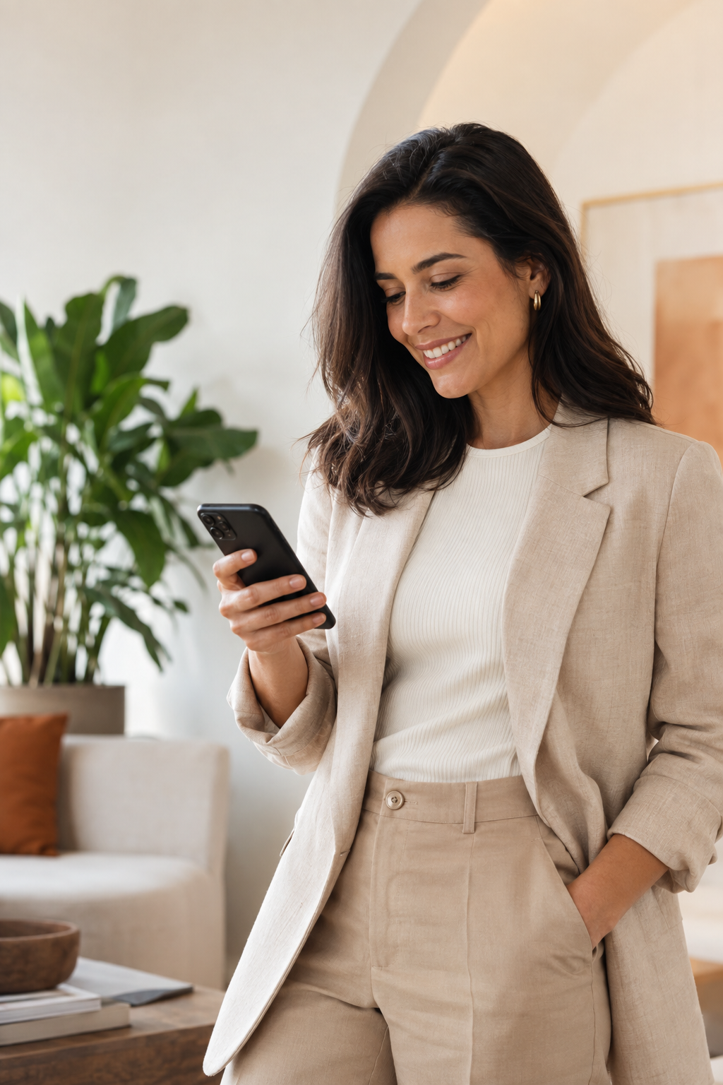 Profissional sorrindo enquanto responde uma conversa no celular